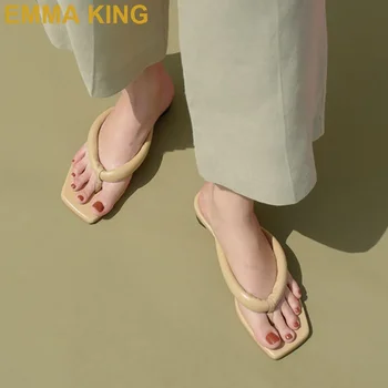 

Fashion Genuine Leather Women Slippers Summer Beach Sandals Square Toe Flip Flops Sexy Ladies Shoes Flat Sandals Woman Slides