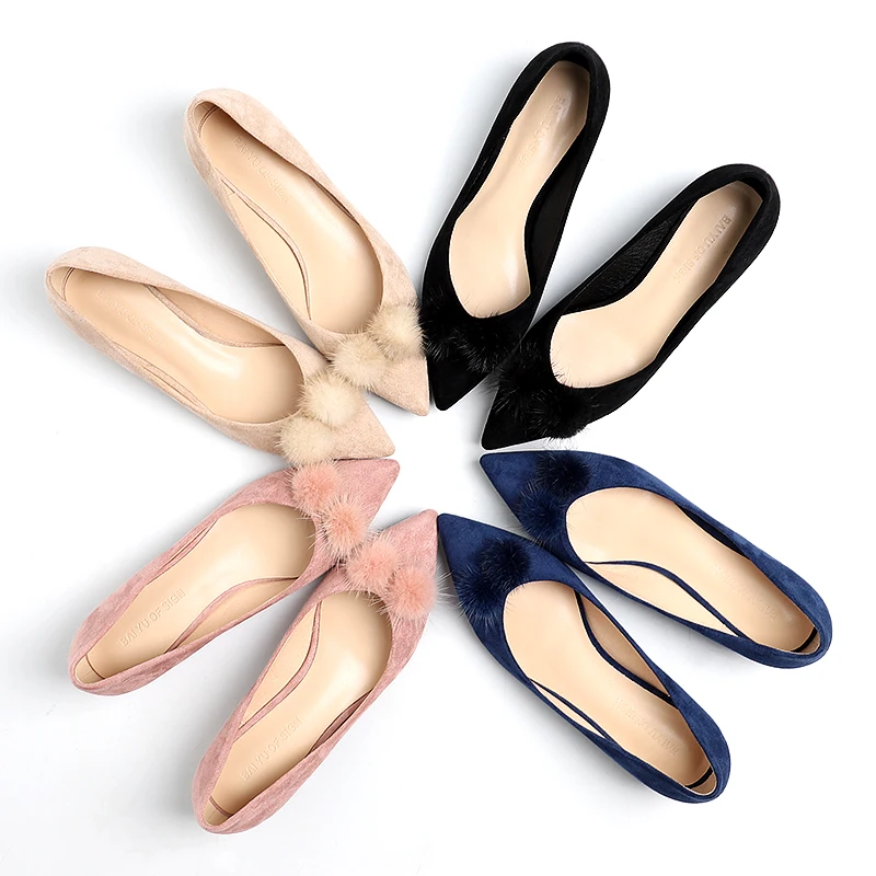 

Shoes Woman 2019 Autumn Spring Square High Heels Shoes Women Female Slip On Fur Ball Point Toe Sandals Casual Wedding Pump Shoes