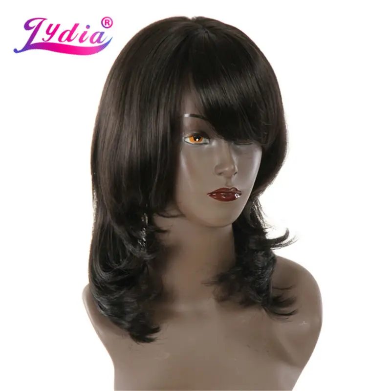 

Lydia For Black Women Synthetic Wigs With Right-Side Bang Medium Straight Nature Wig Pure Color 2# African American Wigs
