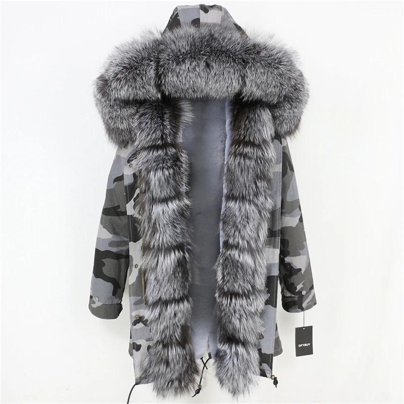 OFTBUY длинная парка, пальто с натуральным мехом, зимняя куртка для женщин, Воротник из натурального Лисьего меха, Толстая теплая брендовая Роскошная Съемная уличная одежда - Цвет: grey camo silver
