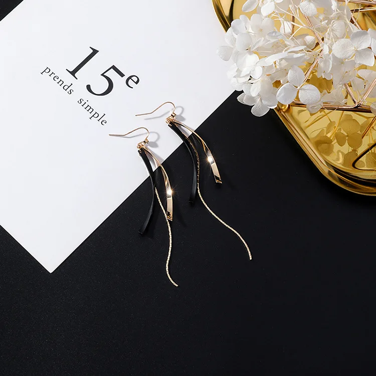 iMucci Simple Hyperbole European and American Personality Exaggerated Metal Golden Black Long Tassel Wind Earrings Accessories | Украшения