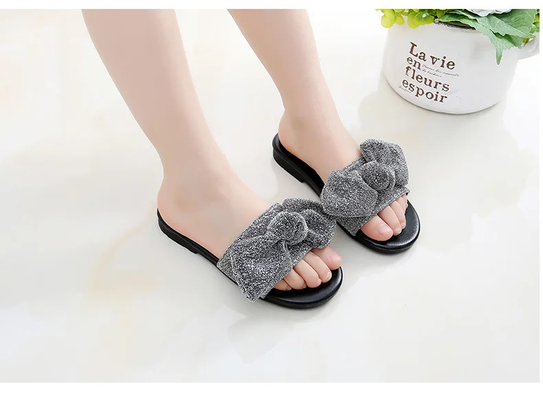 VFOCHI Girl Summer Slippers Bowknot Flats Fashion Shoes for Kids Teenager Girl Casual Slip-on Shoes Children Girl Slipper - Цвет: Sliver