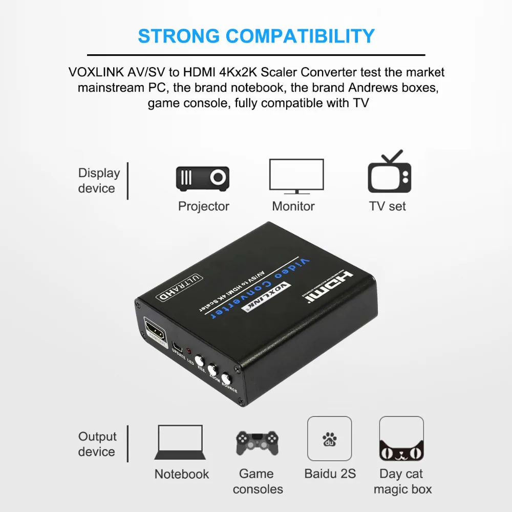 VOXLINK AV/SV к HDMI конвертер композитное видео/S video и стерео аудио 4 К x 2 60 Гц upscaler