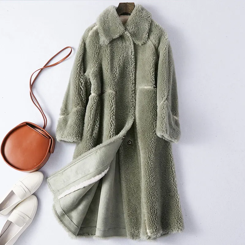 Толстая теплая натуральная шерсть шуба женская Длинная зимняя куртка женская парка Женская овечья меховая шуба уличная одежда Меховая куртка женская - Цвет: Matcha green