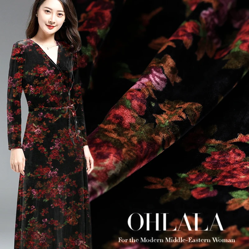 Red Velvet Cloth Floral Printing Real Silk Clothing Dress Cloth Etched