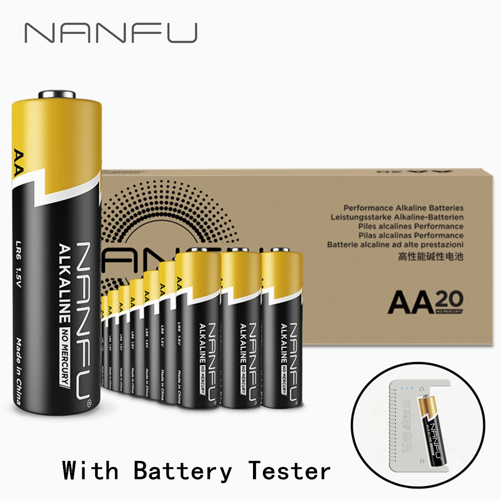 

NANFU 20 Pcs AA Batteries LR6 Alkaline Battery 1.5V with Battery Tester for Clocks Remote Controller Toys Electronic Device [RU]