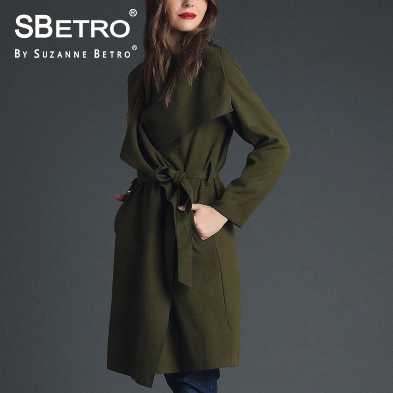 SBetro By Suzanne Betro Women Coats Top Fashion Shawl Collar Tie Waist Unlined Long Sleeve Knee Length Ladies Jackets Coat Femme