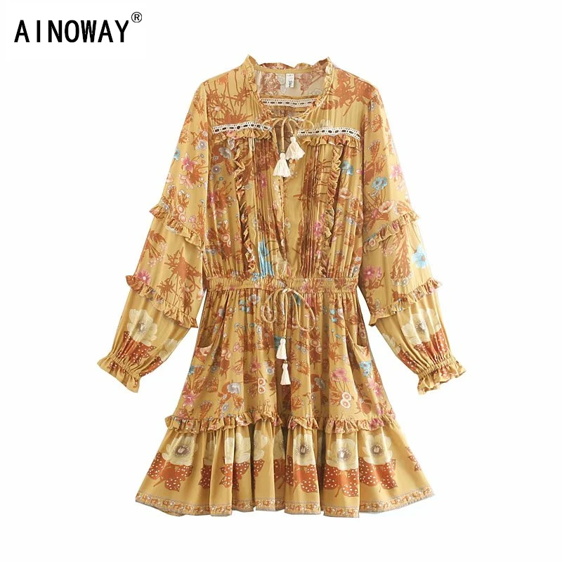 

Vintage chic women floral print long sleeve tassel ruffles beach Bohemian mini dresses Ladies loose rayon Boho dress