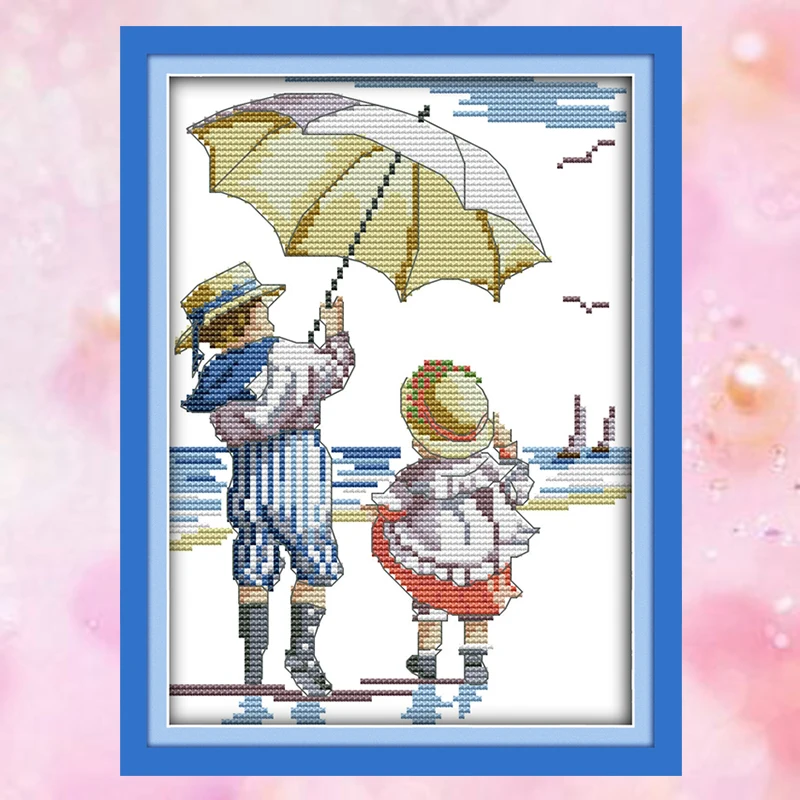 Joy Sunday crossstitch diy морской пляж boygirl unbrella DMC14CT11CT комплект хлопковой ткани