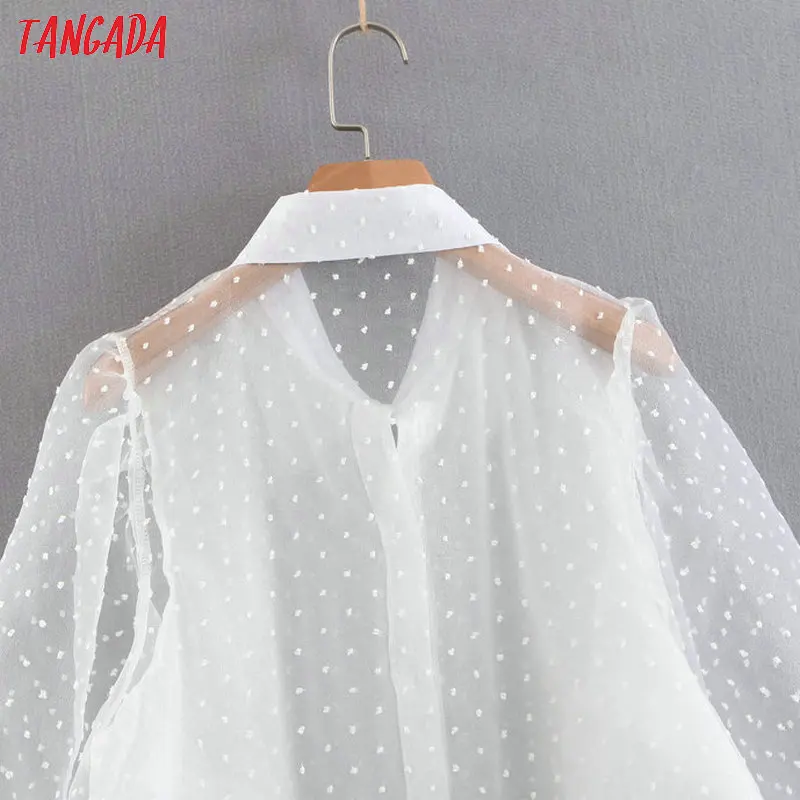  Tangada women white chiffon blouse transparent long sleeve turn down collar female oversized shirts