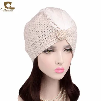 

New Fashion Girls Women Noble Knit Turban Beanie Cap Feather Costume Arabian Prince Hat Lady Winter Caps