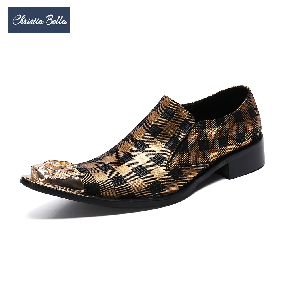 

Christia Bella Fashion Lattice Genuine Leather Men Office Shoes Large Size Metal Pointed Toe Slip on Formal Party Dress Shoes