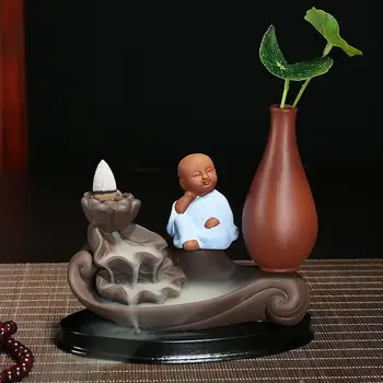 

Ceramic Censer Backflow Aroma Stick Incense Holder Traditional Cute Monk Buddha Smoke Waterfall Incense Burner for Xmas Gift