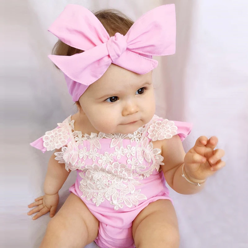 

Baby Rompers Newborn Baby Girl Clothes Summer Floral Romper Pink Lace Tie Ruffles Jumpsuit Party Costume + Headband DS40