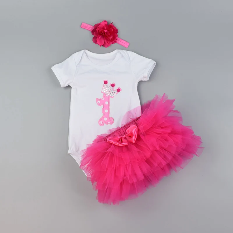 Одежда для первого дня рождения; комплект одежды для маленьких девочек; хлопковые боди для новорожденных; розовая юбка-пачка; повязка на голову; комплекты из 3 предметов; Одежда для младенцев - Цвет: Rose red one
