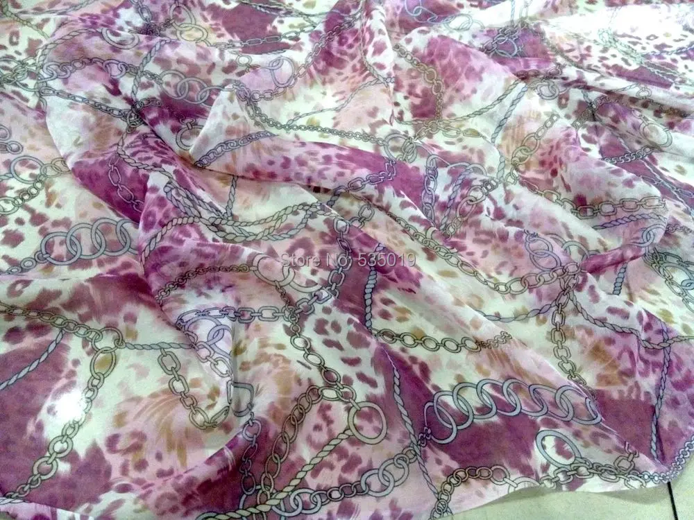 

Free 2018 New fashion wide 8mm beautiful Violet Chain print 100% mulberry silk chiffon fabric for scarf dress shirt clothes