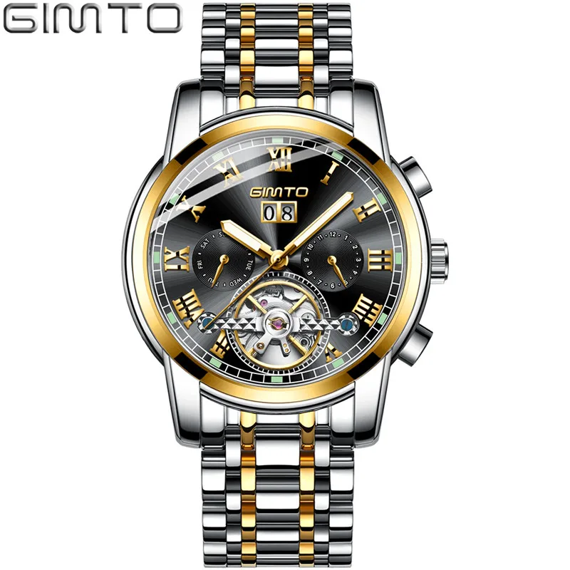 Gold Black GIMTO Мужские автоматические механические часы мужские золотые часы из нержавеющей стали часы с датой механизм турбийон наручные часы - Цвет: Gold Black
