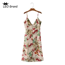 Leo Grand women sexy adjustable strap V neck dress floral printed single breasted dresses chic vestidos mujer 902219