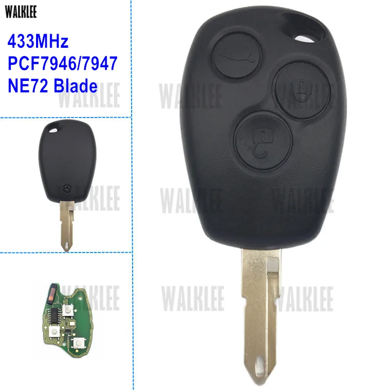 

WALKLEE Remote Car Key for Renault Duster Logan Fluence Clio Vivaro Movano Master Traffic Kangoo Megane Laguna 433Mhz NE72