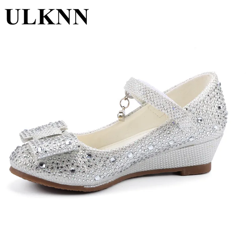 ULKNN Girls Silver Gold Party Wedding shoes Princess Shoes Leather Glitter Crystals Rhinestones Wedge Butterfly Knot Kids Shoes