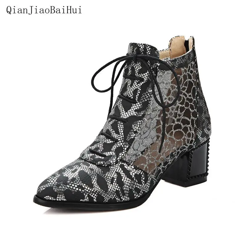 

2019 New Air Mesh Women Summer Boots Lace-up Pointed Toe Ankle Boots Autumn Spring High Heel Booties Office Ladies Shoes Work
