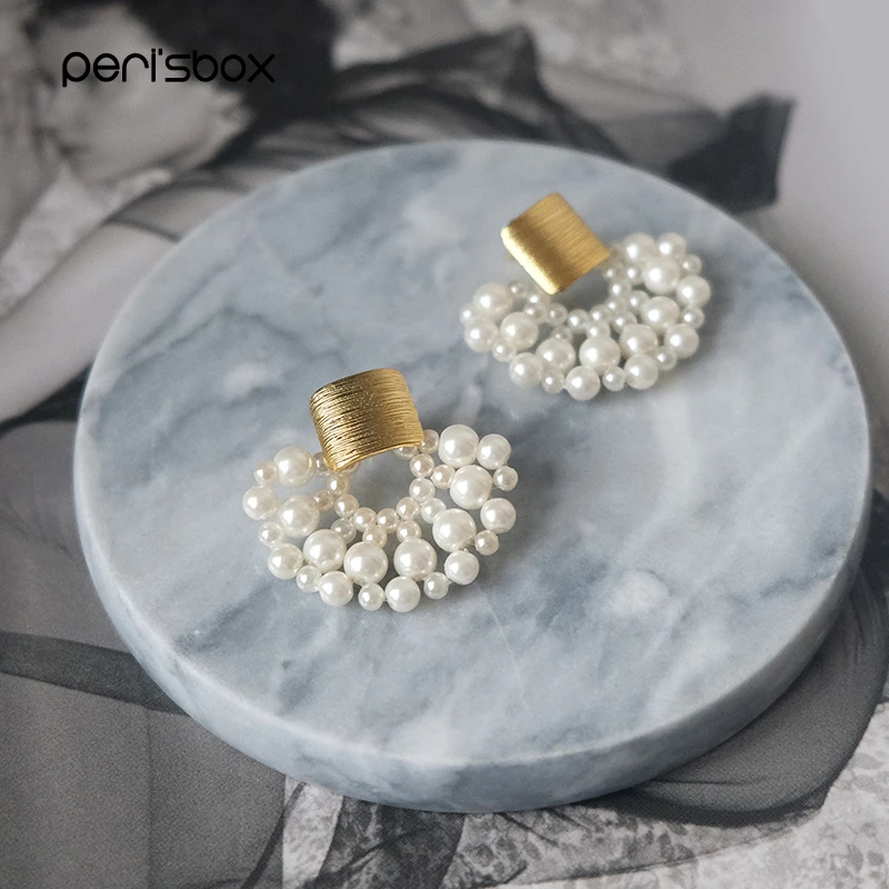 Серьги-гвоздики Peri'sbox из матового золота в форме веера с жемчугом женские плетеные серьги-гвоздики с жемчугом нежные свадебные серьги для невесты
