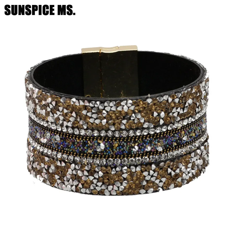 Exquisite Full Rhinestone Leathers Cuff Bracelets Women Bohemia