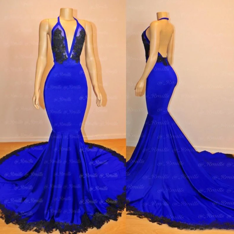 Простое платье с юбкой годе Королевского синего цвета Выпускные платья 2019 новый дизайн воротник хомутиком, без Спины Черный аппликация
