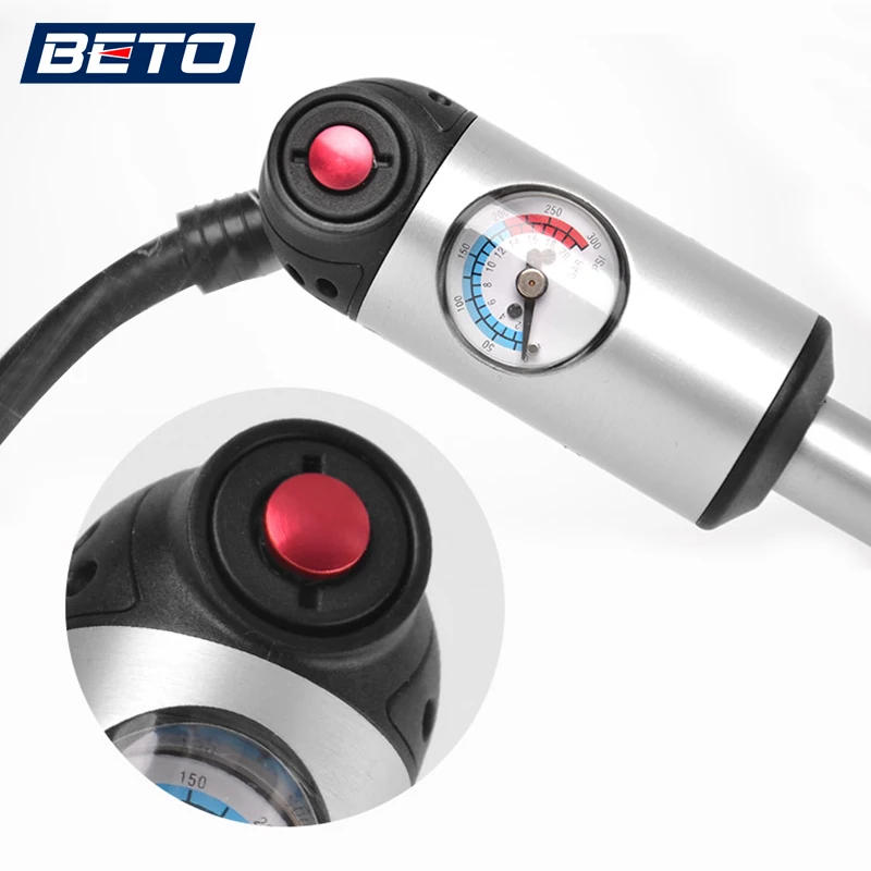 Online Bombas de bicicleta BETO para neumáticos tubos y enchufes golpes tenedor, inflador adaptador de válvulas Schrader y Presta, Mini bomba de bicicleta manual con manguera de manómetro