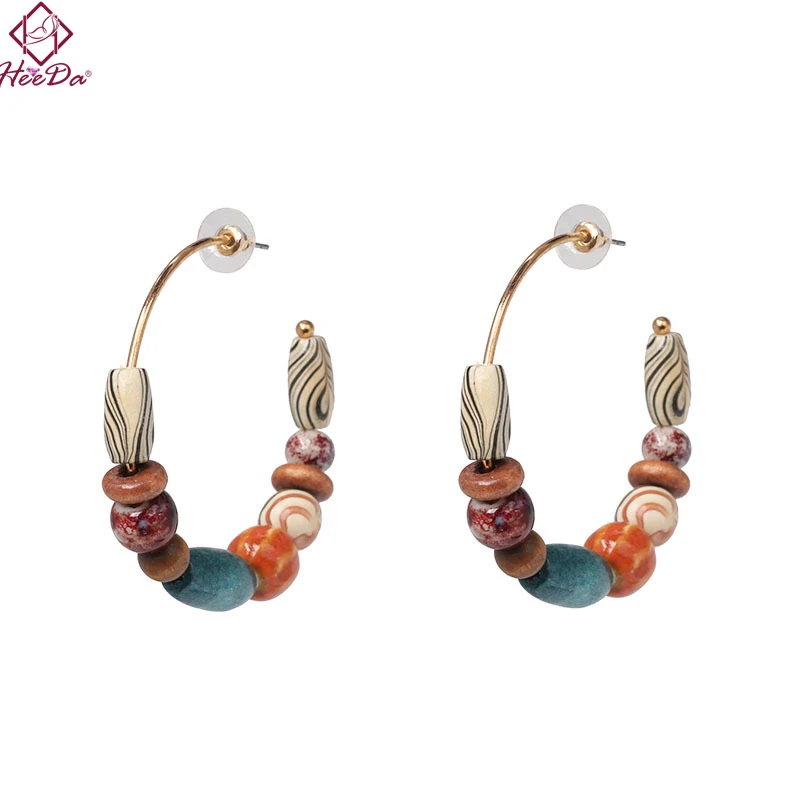 

Vintage Ethnic Stone Wood Beads C Shape Stud Earrings Women Personality Kpop New Big Name Round Earring Boho Retro Style Jewelry