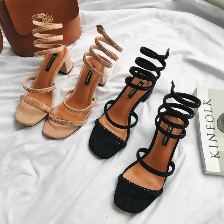 

Comfort Women Summer Sandals Fashion Solid Color Leather Gladiator Crasyal Square Med Heel Square Toe Rome Shoes High Quality