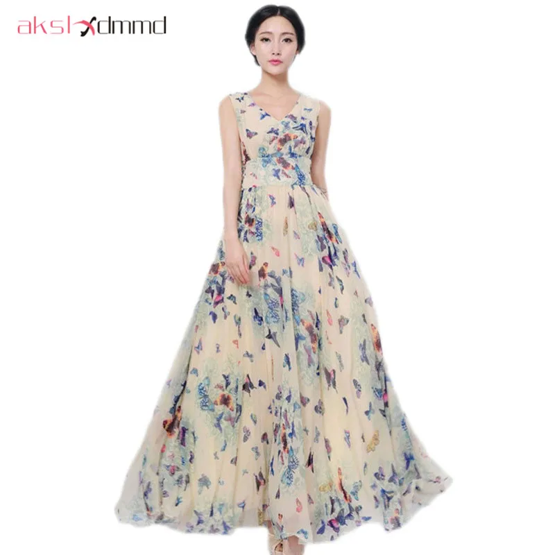 

Chiffon Dress 2019 New Summer Women Print Butterfly Sleeveless Long Dresses Bohemian Beach Dress Vestidos Large Size LH629