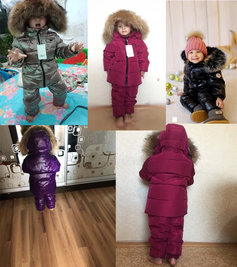 Русский зимний пуховый костюм супер теплые детские зимние костюмы куртка-пуховик для мальчиков и девочек + комбинезон комплект одежды из 2