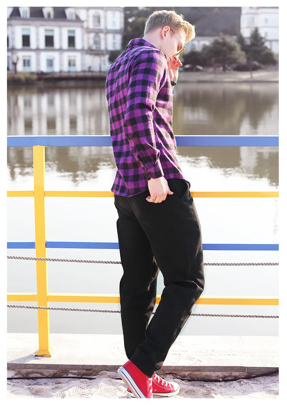 Comprar Nueva blusa de moda AOLIWEN2019 camisa de hombre de marca y estampado a cuadros morados holgado para hombre Camisa larga ropa SizeM 5Xl