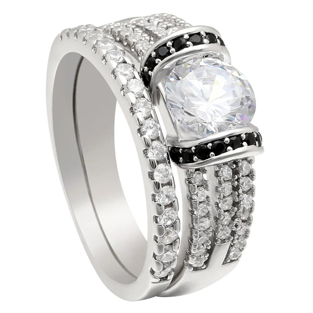 silver color bridal sets white black cz stone jewellery women love promise rings set 2pc wedding engagement ring gift for lady