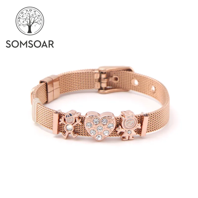 

Drop shipping Somsoar Jewelry 8mm Width Rose Gold Boy Love Girls Slide Charm Mesh Bracelet set Kids child Bracelet