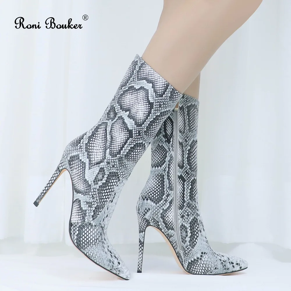 Autumn Winter Woman Snake Print Mid calf Boots Pointed Toe Zipper ...