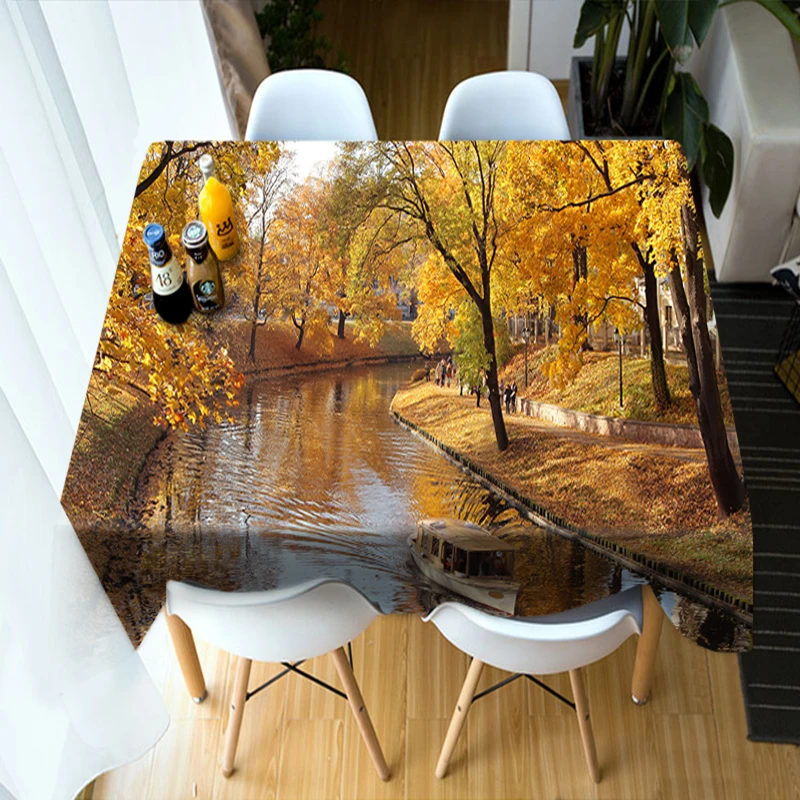 Customizable 3D Round Tablecloth Maple Forest Landscape Pattern Washable Polyester Cotton Rectangul