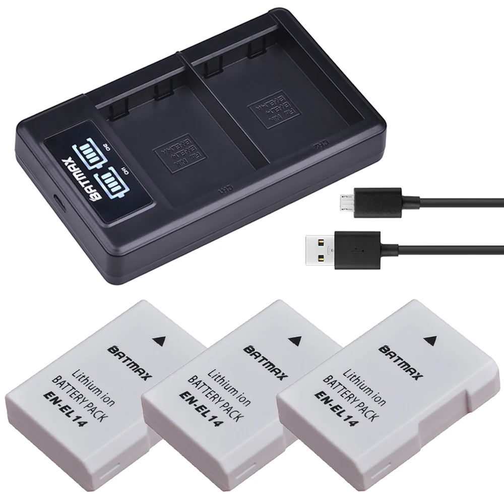 

3Pcs EN-EL14 EN-EL14a ENEL14 White Battery +LED USB Dual Charger for Nikon D3400 D3300 D3100 D5600 D5100 D5200 D3200 P7000 P7100