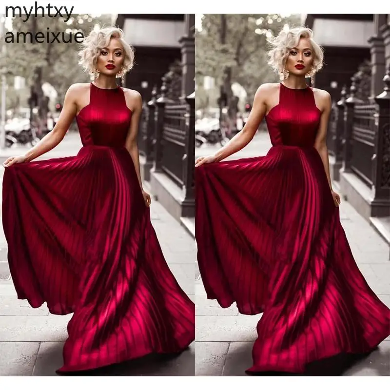 

Burgundy Jewel Neck Cheap Evening Dresses Pleats Backless Floor Length Formal Evening Party Wear Prom Dresses Robe De Soiree