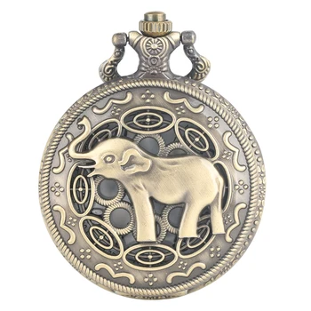 Hollow Asian Elephant Pattern Fob Watch Vintage Bronze Quartz Pocket Watch Necklace Pendant Clock Retro Chain Gifts Dropshipping vintage carving rose quartz pocket watch exquisite in full bloom hollow necklace chain women accessory lady bronze clock gift