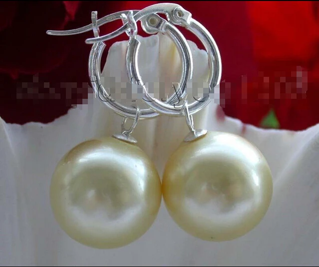 

Free shipping Natural 16mm Golden Round Shell Pearl Earrings 925silver hook f931!