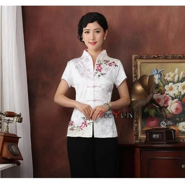 

Hot Sale White Chinese Tradition Women's Blouse Embroider Shirt Tops Summer Cotton Clothing Flower Size M L XL XXL 3XL 0922