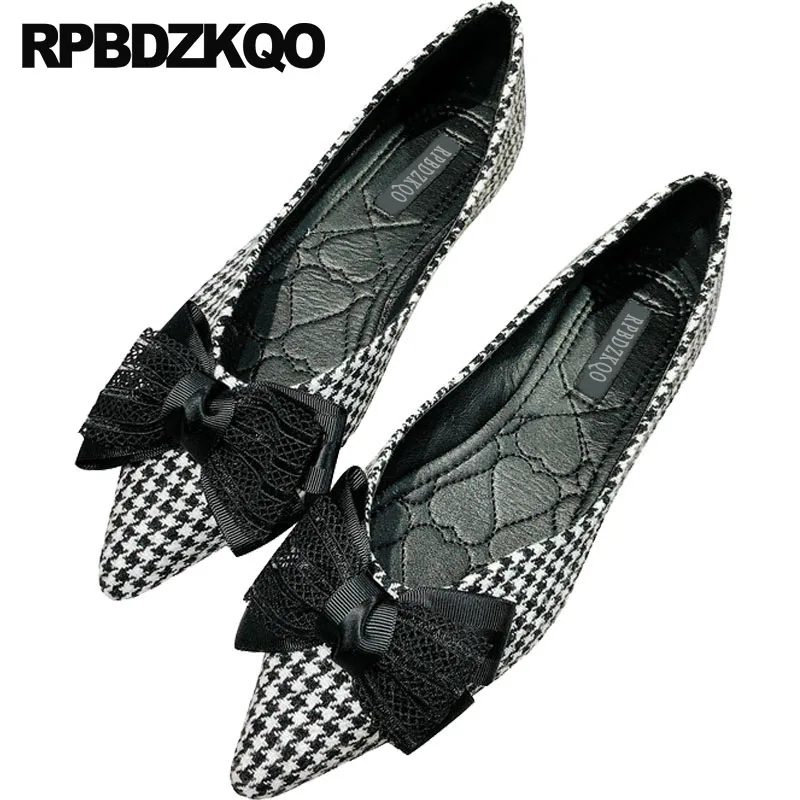 

slip on fitness chinese kawaii flats designer bow black and white plaid china women shoes with little cute bowtie pointed toe