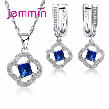 Jemmin Women Jewelry Set Trendy 925 Silver Cubic Zirconia Pendants Necklace Dangle Earrings Set For Engagement Wedding Accessory