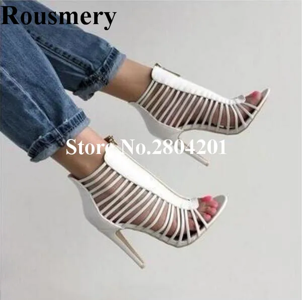 

Rousmery Concise Style White Cutouts Open Toe Short Sandals Boots Stiletto Heel Front Zipper Detail Narrow Band Summer Boots