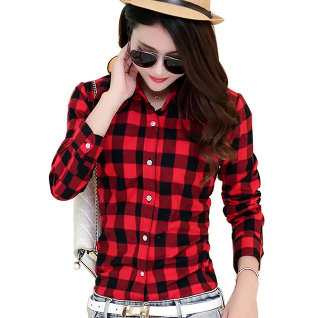 2016 Hot Sale Women Shirts tops new 100% Cotton Flannel Plaid Shirt Female Student Women's Long-sleeve Plus Size Basic Blouses