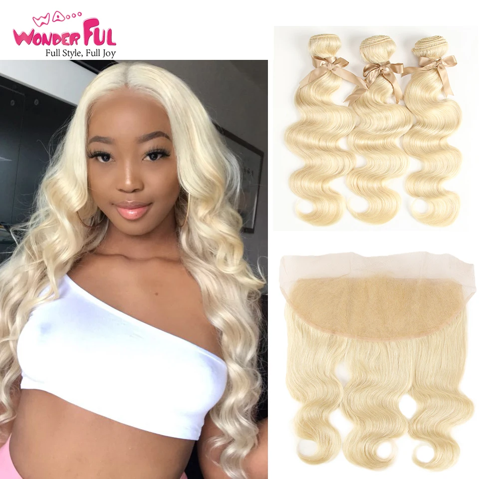 

Blonde Hair Bundles With Closure With Baby Hair 613 Bundles With Frontal Brazilian Body Wave With Frontal 10 To 26 Inch 4/5Pcs
