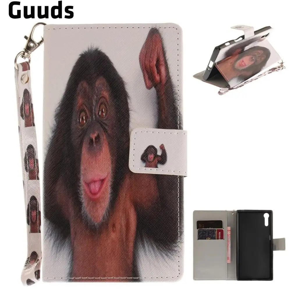 Cute Monkey Hand Strap Leather Wallet Case for Sony Xperia XZ
