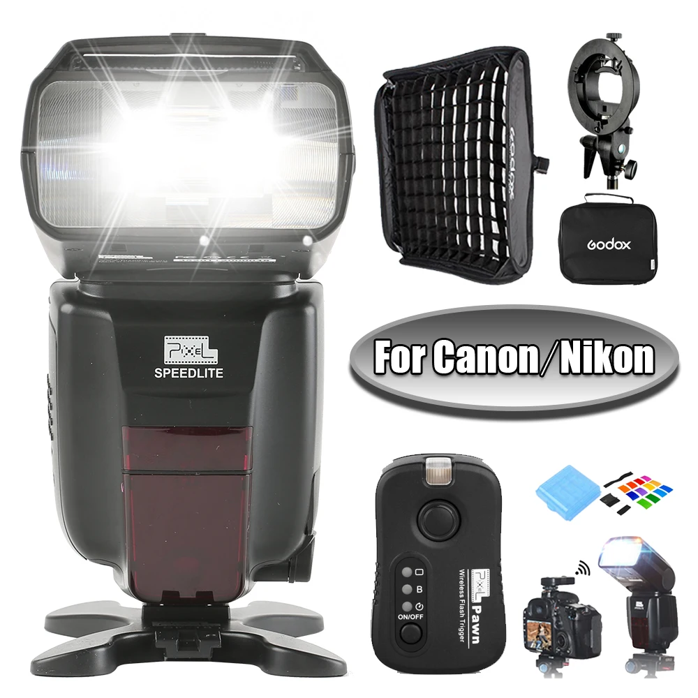 

PIXEL M8 TTL HSS LCD Display Wireless Flash Speedlite with TF361 TF362 Flash Trigger &Godox 60cm x 60cm Softbox For Canon Nikon